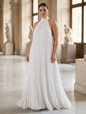 NWT | White Pleated Halter Maxi Dress | Inclusive Size 5XL | Micro-Pleats